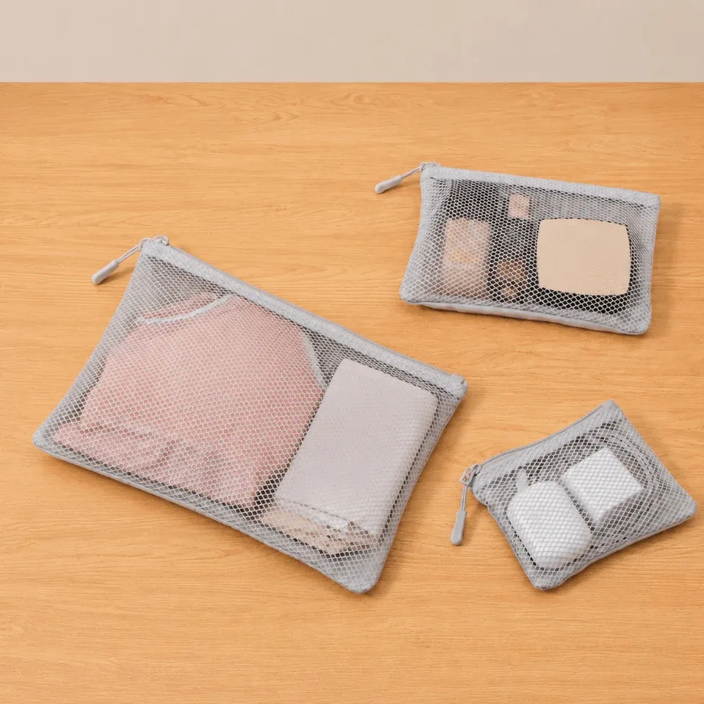 pochette de rangement polyvalente en maille à double fermeture éclair, en polyester, multi-tailles, pochette à cosmétiques double couche, pour câbles et chargeurs
