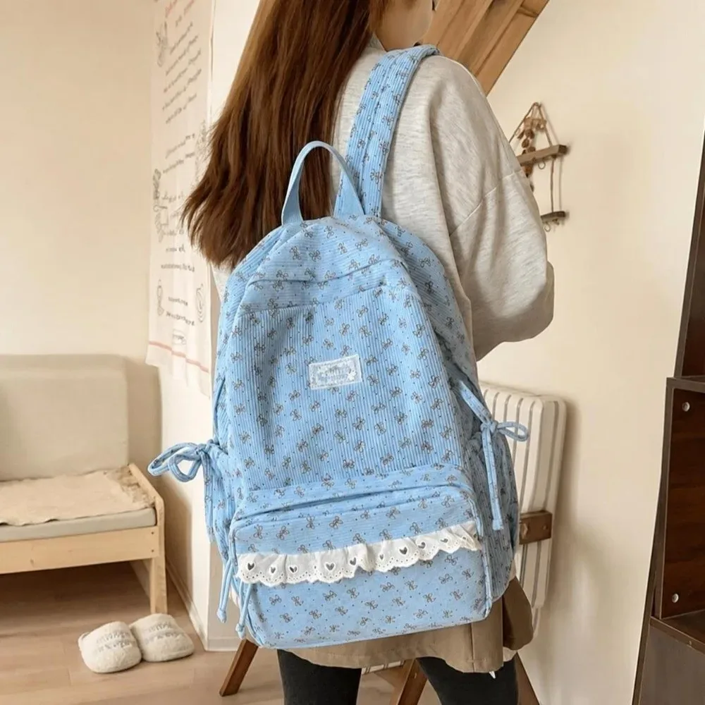 sac à dos en velours côtelé de style coréen, style preppy, grande capacité, sac à dos pour étudiants, bordure en dentelle, nœud papillon, motif à pois
