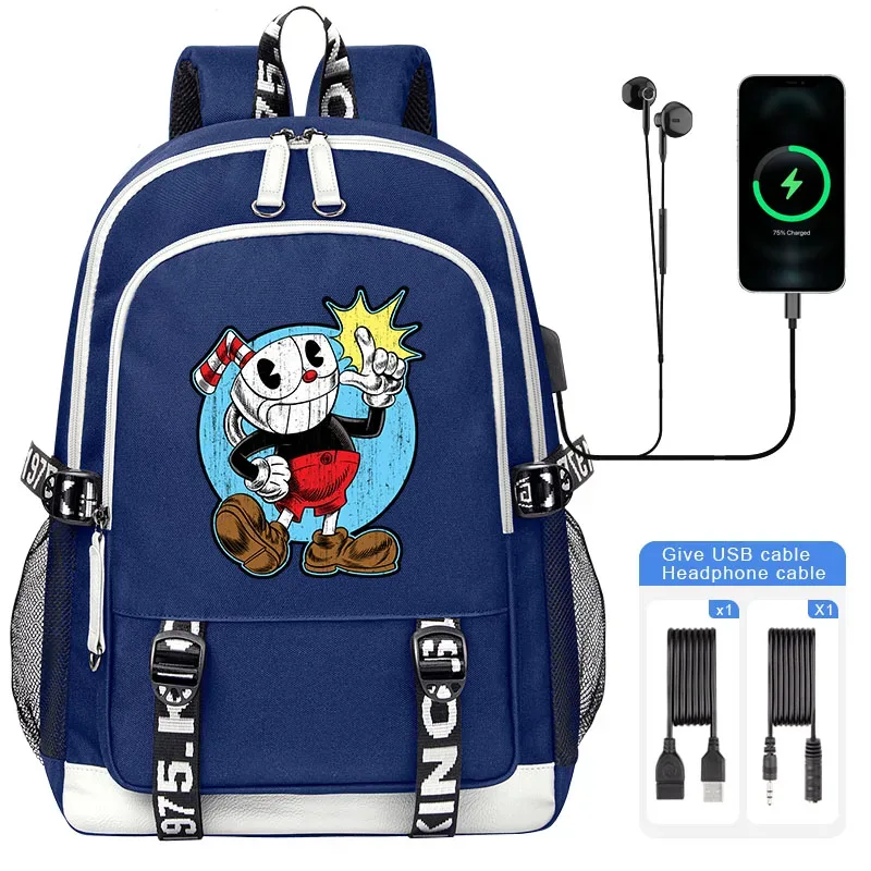 cuphead mugman sacs d'école pour adolescent usb charge sac à dos pour ordinateur portable garçons filles étudiant livre sac mochila sac de voyage