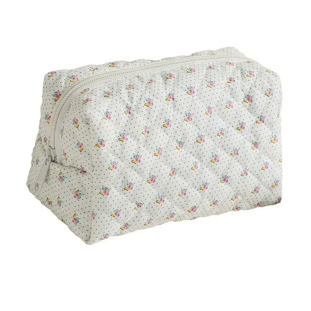 trousse de maquillage en coton matelassé, trousse de toilette portable à carreaux avec fermeture éclair, grande capacité, poudres de soin de la peau, voyage
