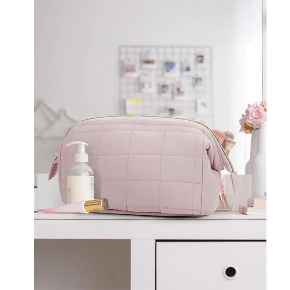 sac à cosmétiques de voyage rembourré bouffant, trousse de maquillage de grande capacité de couleur unie, trousse de maquillage à large ouverture pour femmes, trousse de toilette