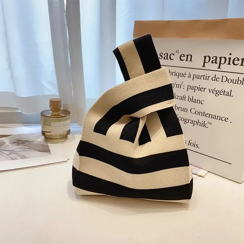 sac à main en tricot fait à la main pour femme, mini sac de poignet à nœud, sac fourre-tout à carreaux à large rayure, sacs à provisions réutilisables pour étudiants, document décontracté japonais