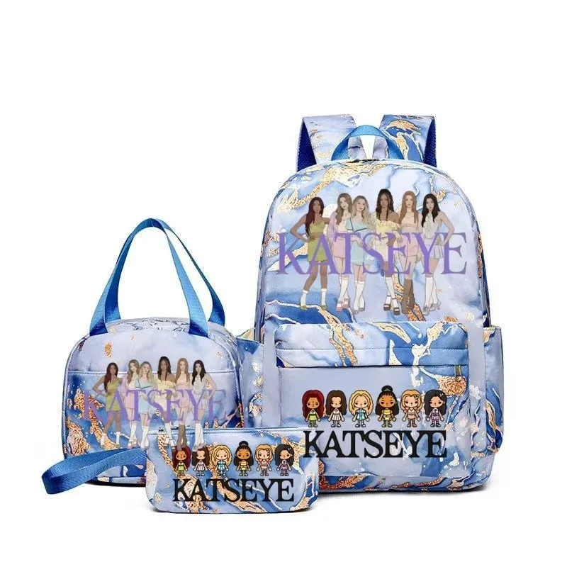 sacs à dos katseye à imprimé amusant avec sacs à lunch, multi-poches, camouflage, pour adolescents, sac à dos de voyage pour ordinateur portable, sac d'école pour femmes, mochila