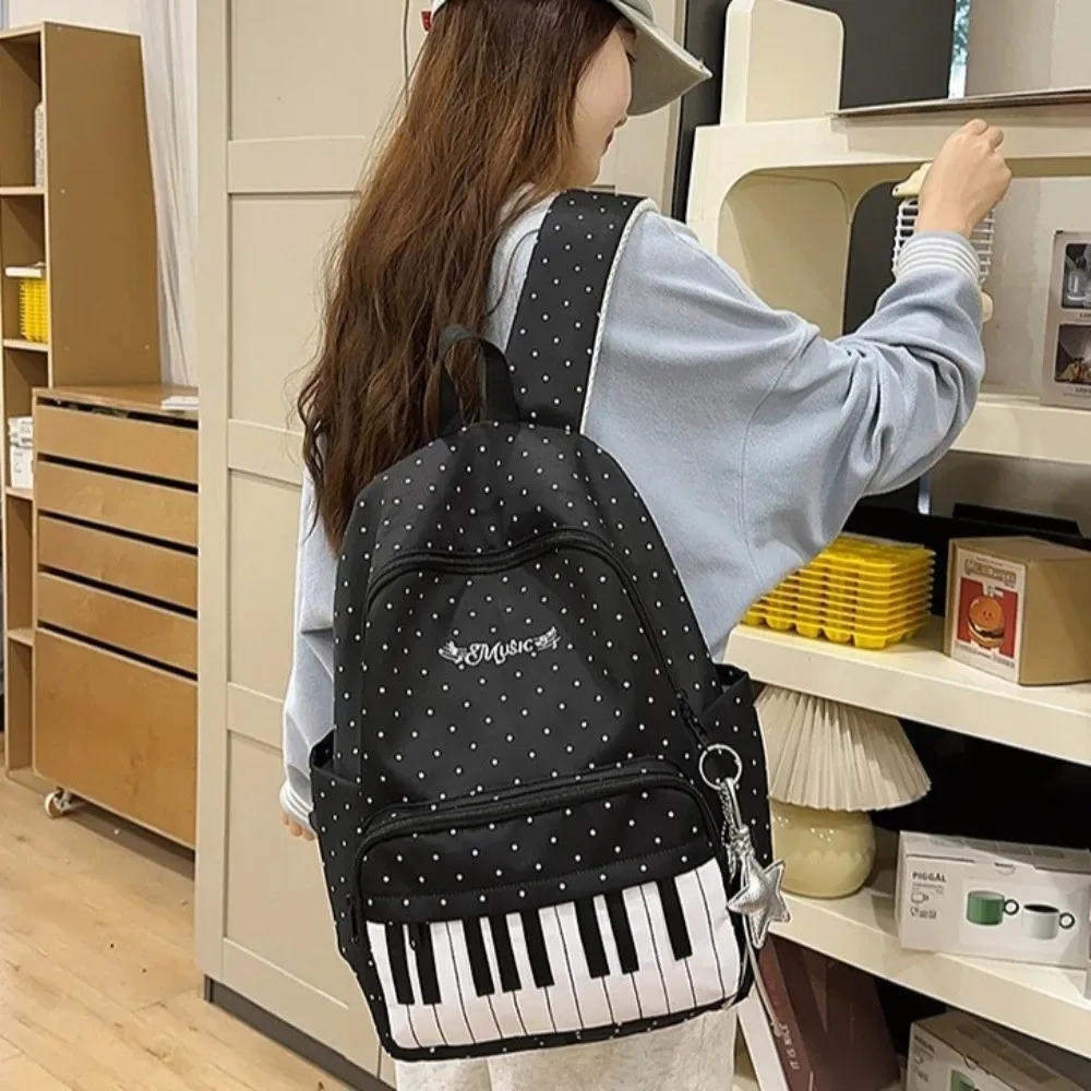 sac à dos en nylon à pois, color-block, mignon, grande capacité, style preppy, motif touches de piano, durable, pour l'école et les voyages