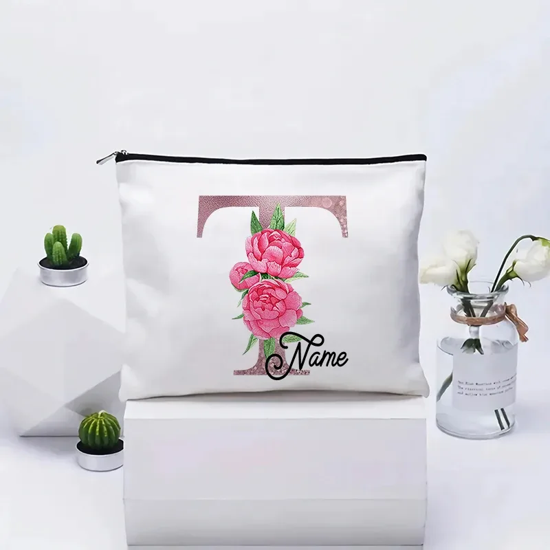 trousse de maquillage personnalisable avec prénom, cadeau de mariage, grande pochette en toile à fermeture éclair, motif floral pivoine, essentiels de voyage, maquillage