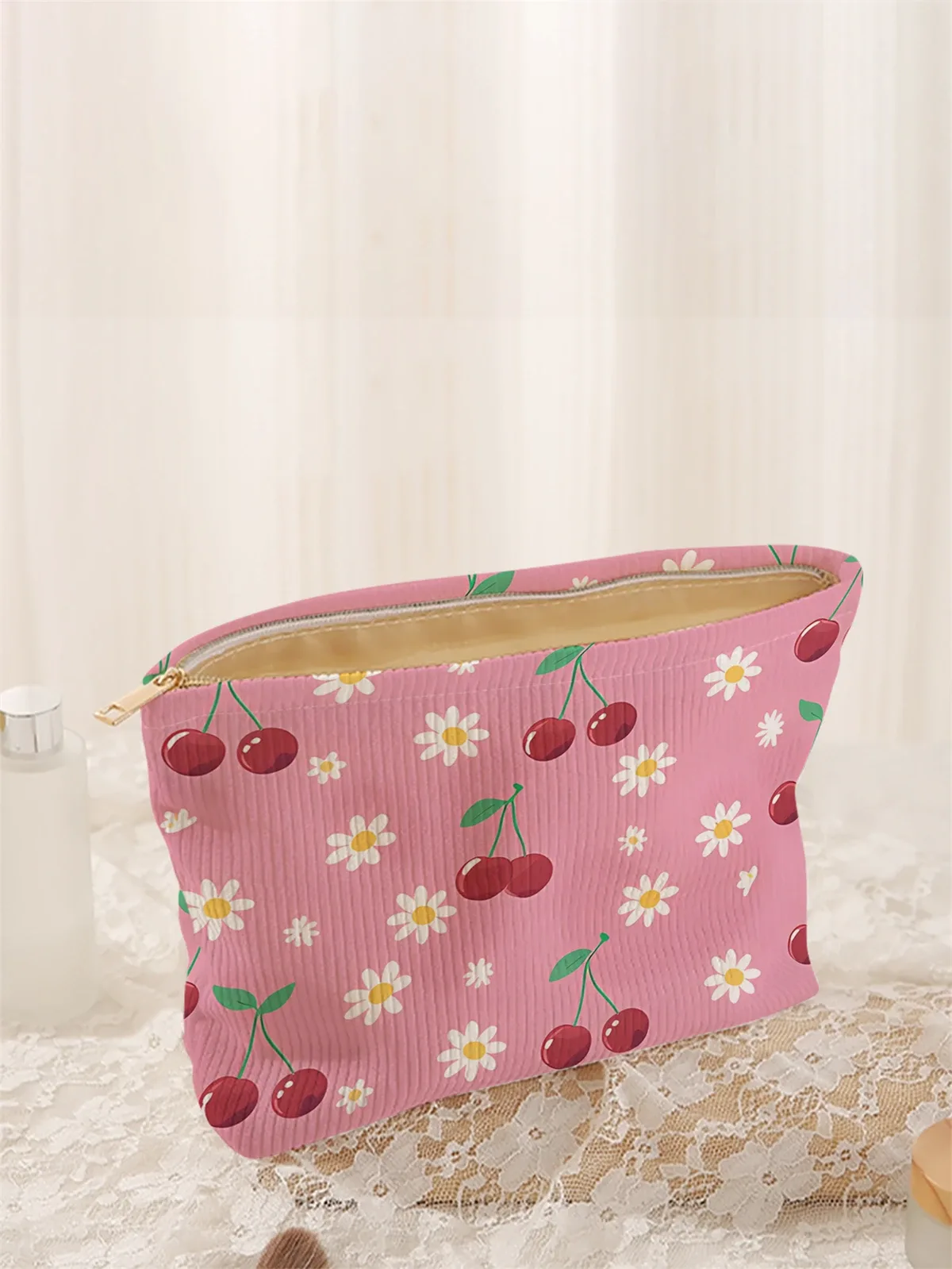 1 trousse de maquillage en velours côtelé à motifs cerises, boîte de rangement de maquillage légère à fermeture éclair, sac multifonctionnel avec doublure