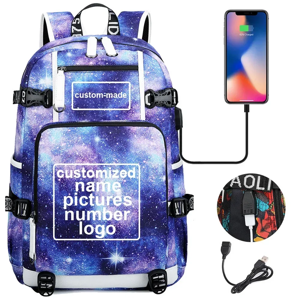 sac à dos en toile pour hommes et femmes, imprimé personnalisé, avec photo ou logo, pour enfants, garçons et filles, usb, pour ordinateur portable, grand sac de voyage