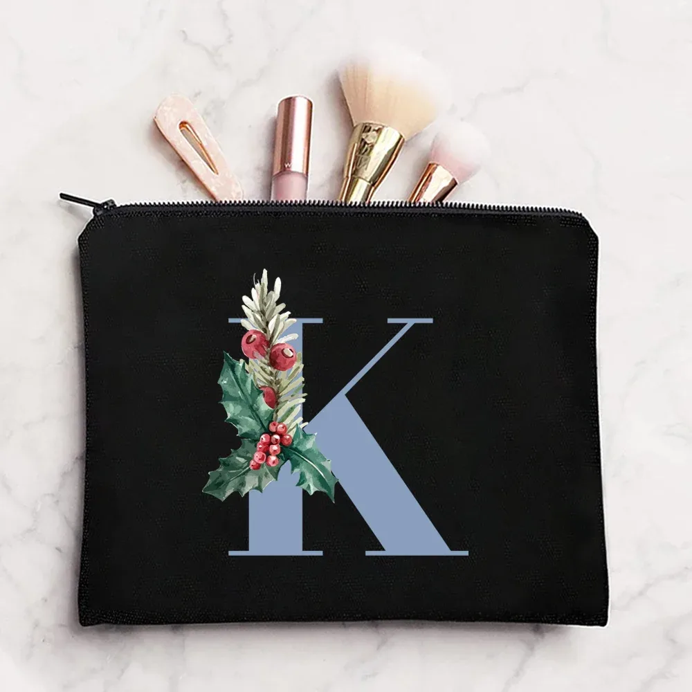sac à cosmétiques en tissu pour femmes, pochette de maquillage, sac de voyage, rouge à lèvres, étuis de rangement, pochette à fermeture éclair, porte-monnaie de téléphone, initiales bleues imprimées