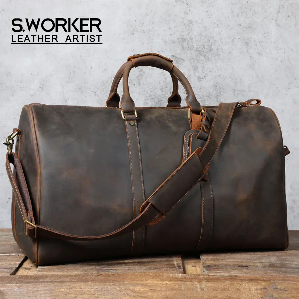 sac de voyage s.worker en cuir pleine fleur grand format pour homme, sac de week-end vintage en cuir véritable, sacs de sport pour homme, sac de voyage pour la nuit