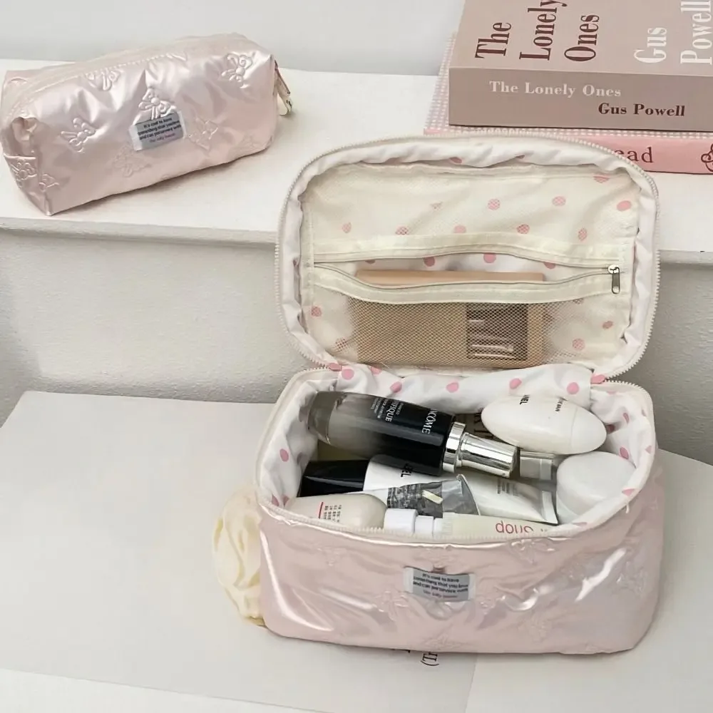 Sac à cosmétiques élégant en PU avec décoration en nœud, compartiment de rangement, trousse de maquillage multifonction, trousse de toilette pour femmes