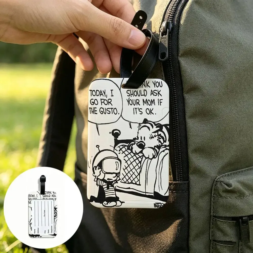 c-calvin-and-hobbes étiquette de bagage anti-perte en pvc durable, nostalgique et de qualité supérieure, avec carte d'information, légère, pour l'identification des bagages