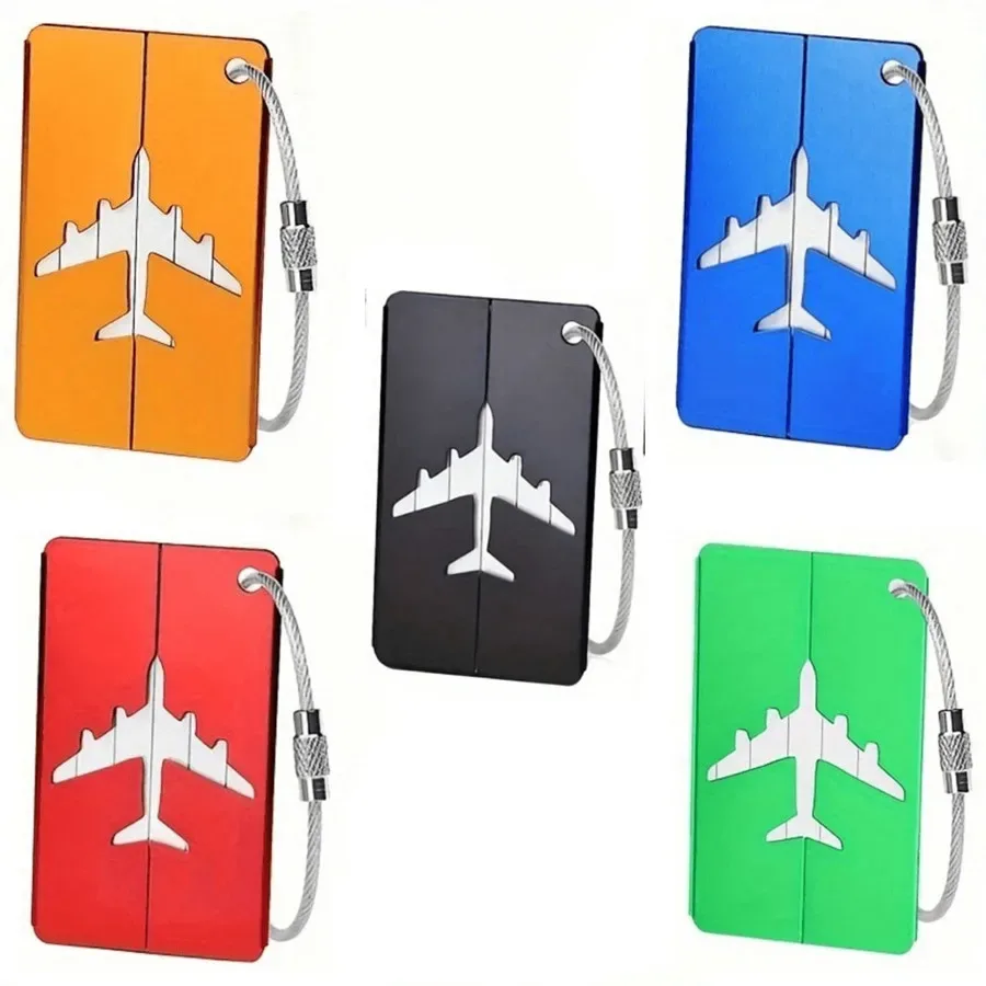 étiquette de bagage de voyage en alliage d'aluminium, étiquette suspendue pour valise, avion avec nom, cartes d'identité, accessoires de voyage anti-perte, 5 pièces