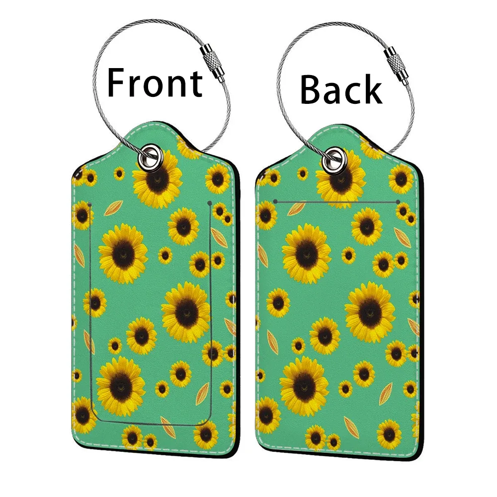 étiquette de bagage d'affaires en cuir estampillé tournesol, étiquette d'adresse de valise, étui d'embarquement de bagages, clip d'adresse d'identification de nom
