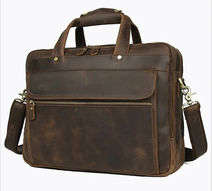 sac d'affaires en cuir véritable pour homme, étui à bombes multifonction, sac de voyage pour homme, fourre-tout vintage, grand sac initié, cheval élan, ordinateur portable 17"