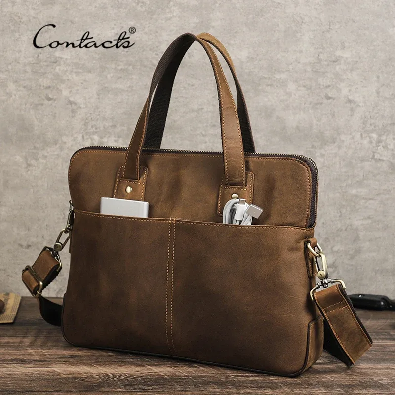 contact's – mallette en cuir véritable pour hommes, sac à main vintage pour ordinateur portable, sac à bandoulière décontracté grande capacité, sacoche pour macbook 13 ''16''