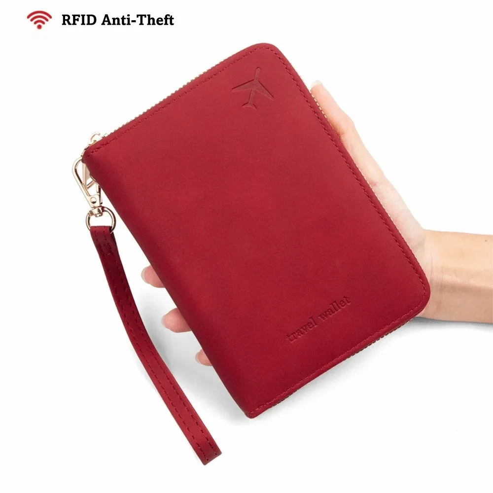 portefeuille de voyage multifonctionnel en pu avec protection rfid, couleur unie, anti-magnétique, fermeture éclair, sac de rangement pour documents, unisexe