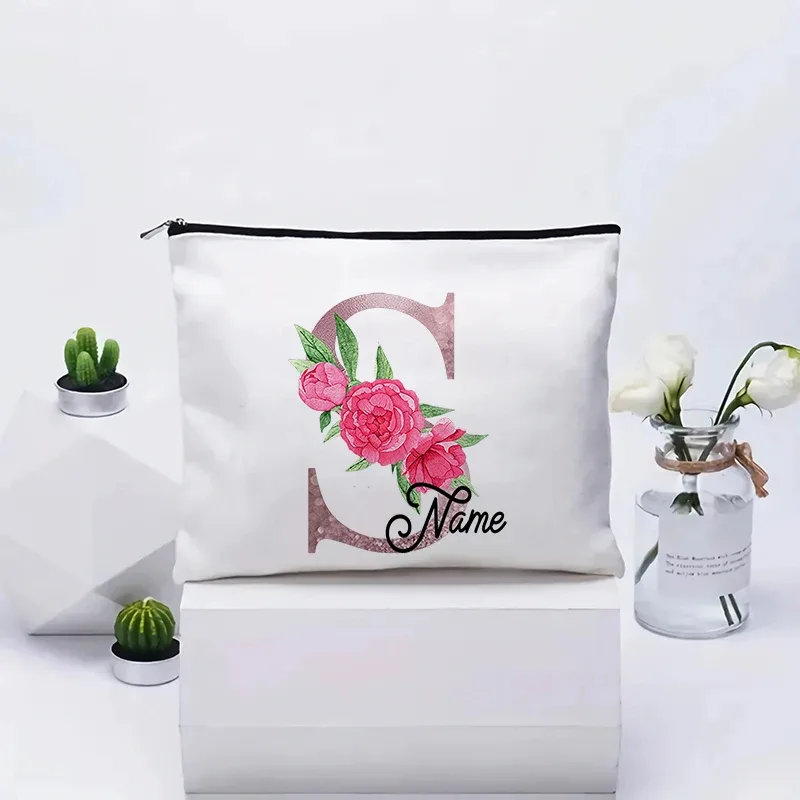 trousse de maquillage personnalisable avec prénom, cadeau de mariage, grande pochette en toile à fermeture éclair, motif floral pivoine, essentiels de voyage, maquillage