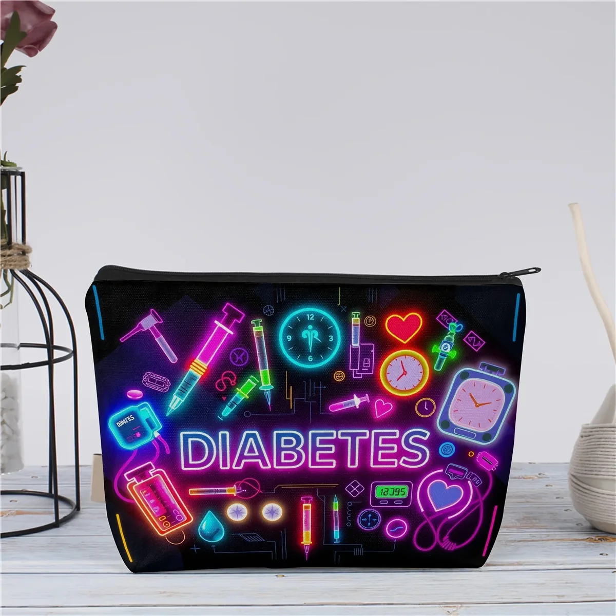 trousse de maquillage de voyage - design élégant avec fermeture éclair - motif icônes pour lecteurs de glycémie/insuline et médicaments