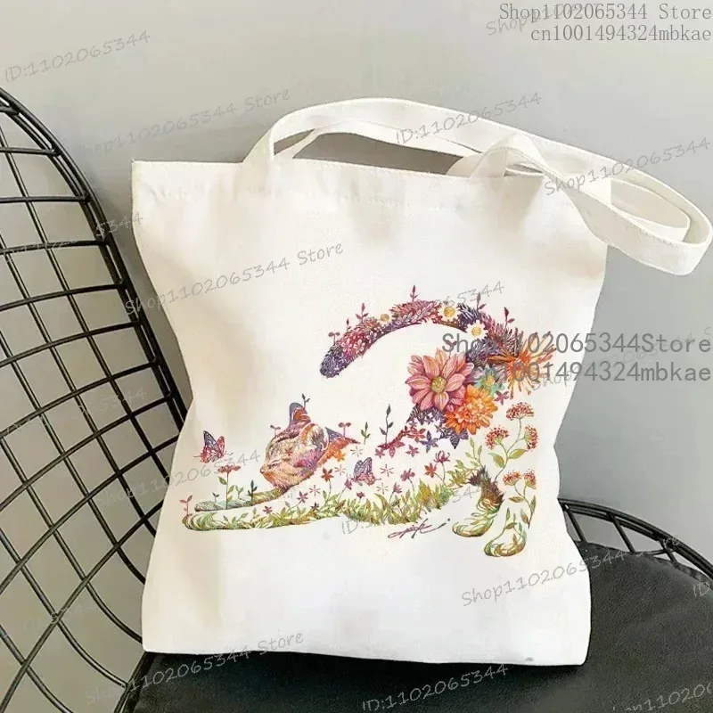 Sac à main chat et fleur pour femmes, Vintage, esthétique, Design chaton, sacs de Shopping, fourre-tout réutilisable pour adolescentes, sac à bandoulière