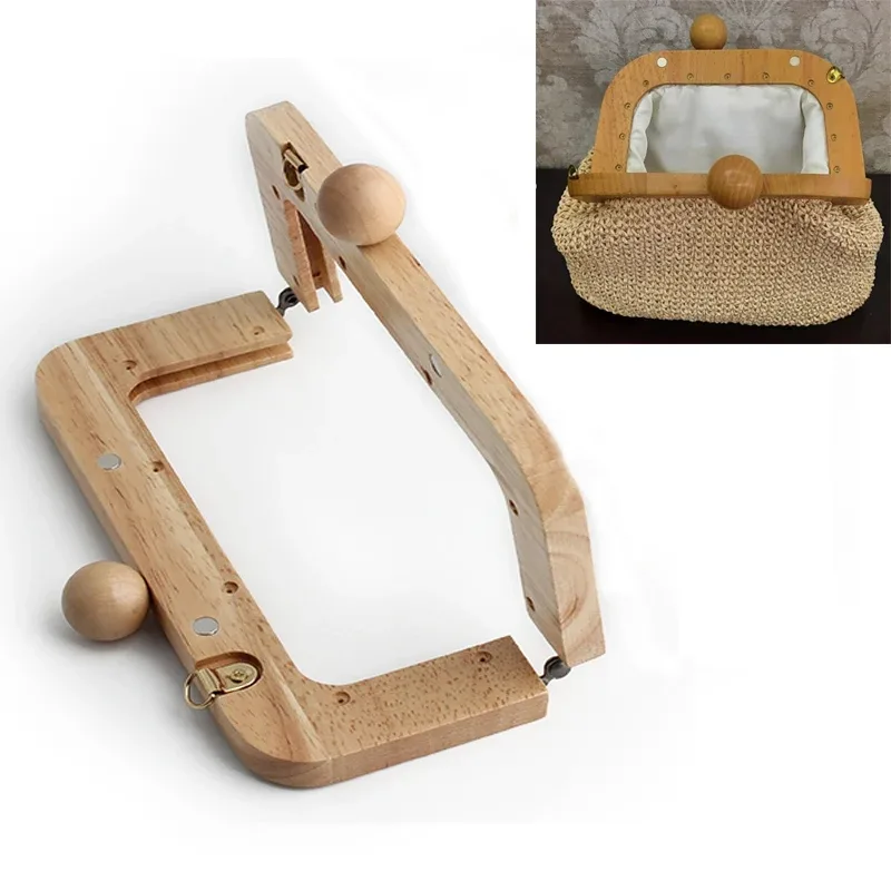 cadre de portefeuille d'embrayage en bois 20x8cm, 1 pièce/2 pièces, cadre en bois massif avec fermeture à vis, boucle baiser, poignée de sac à bandoulière