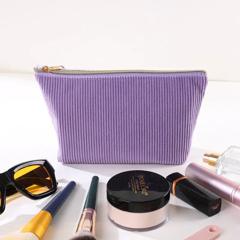 trousse de maquillage en velours côtelé grande capacité avec fermeture éclair
