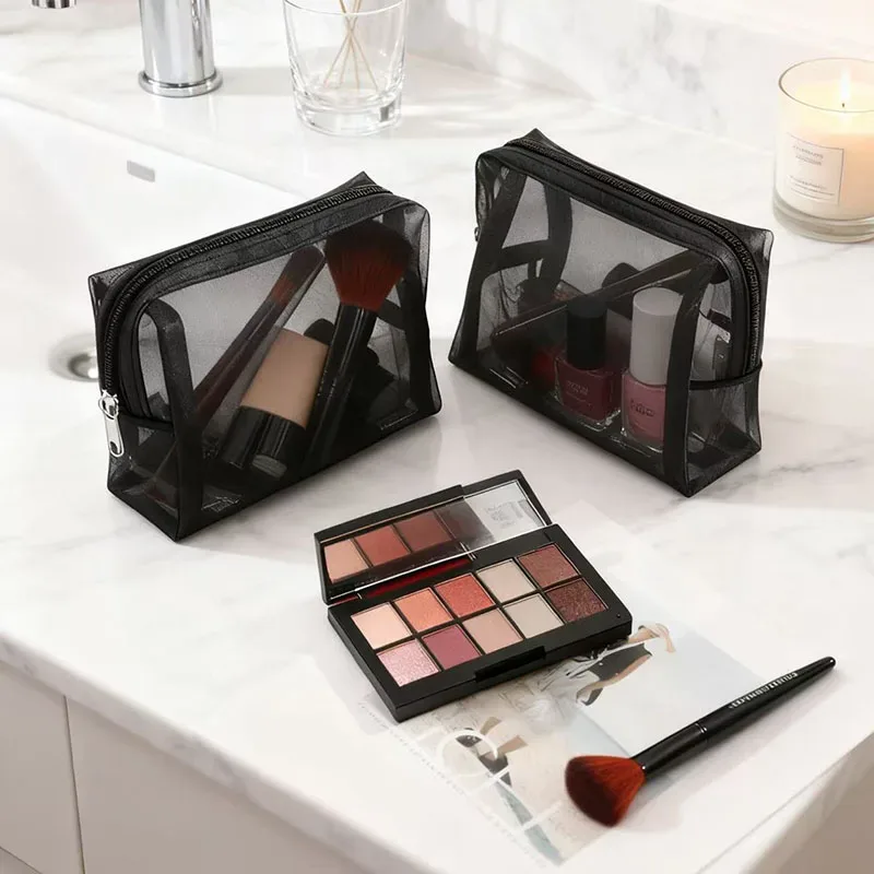 ensemble de 3 trousses de maquillage en maille, organisateur de cosmétiques de style ins pour femmes, mini pochette de toilette de voyage portable pour rouge à lèvres et cosmétiques