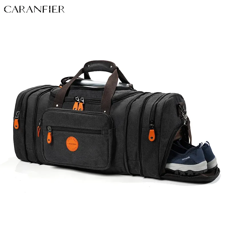 caranfier – sac de voyage en toile 16oz pour hommes, compartiment à chaussures extensible, design 50l/55l, poche de séparation sec et humide
