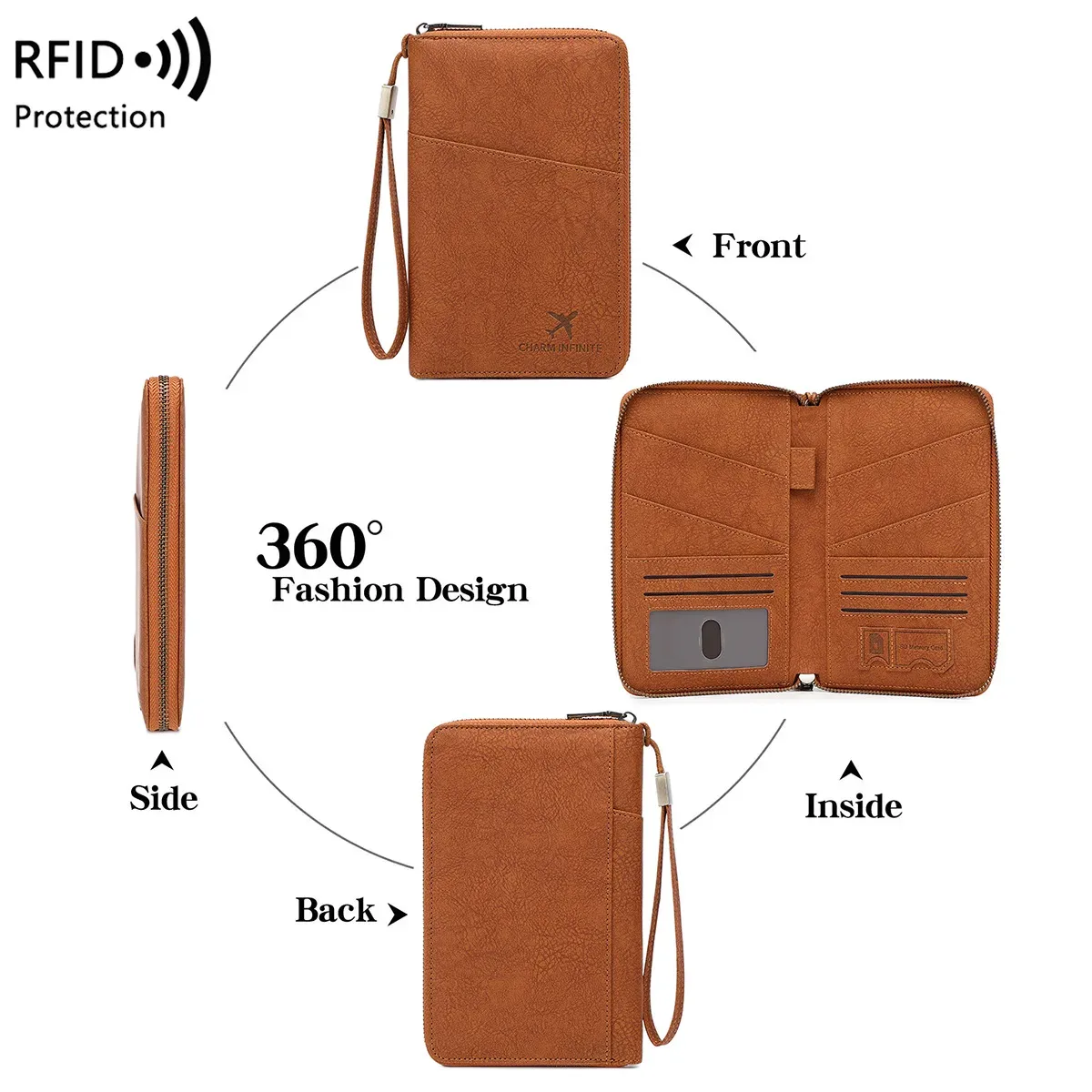 sac de passeport multifonctionnel bloquant rfid, porte-documents de voyage avec portefeuille de rangement de billets à longue fermeture éclair pour plusieurs passeports