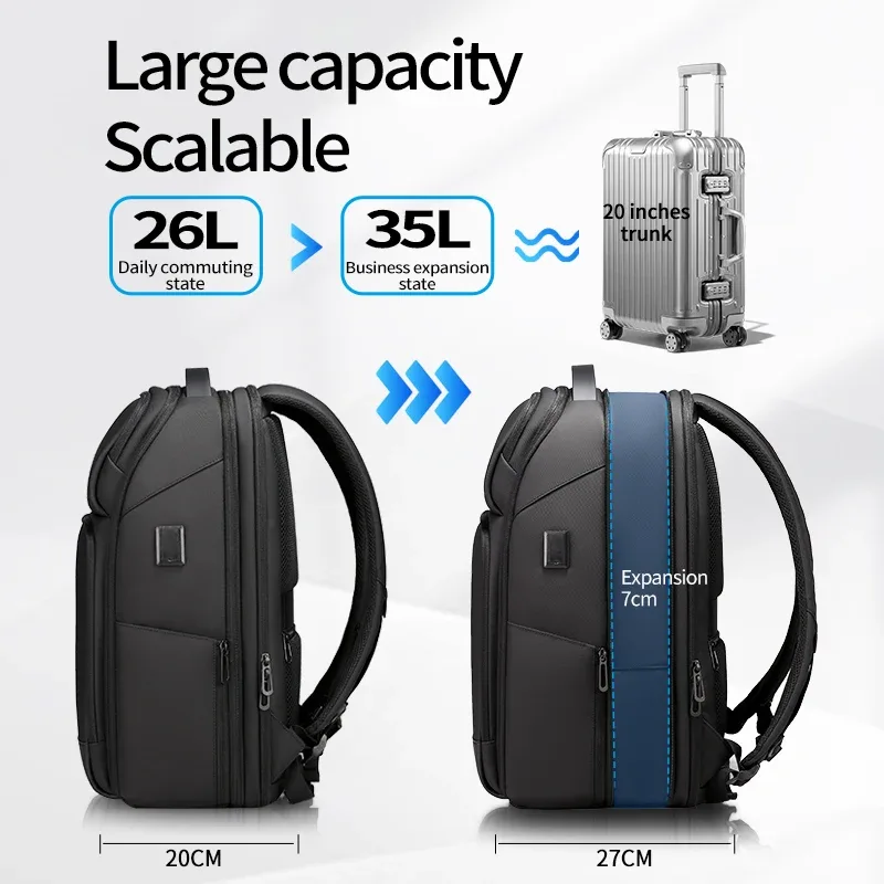 fenruien-sacs à dos d'affaires étanches pour hommes, chargement usb, convient pour ordinateur portable 15.6 pouces, voyage, grande capacité, 35l