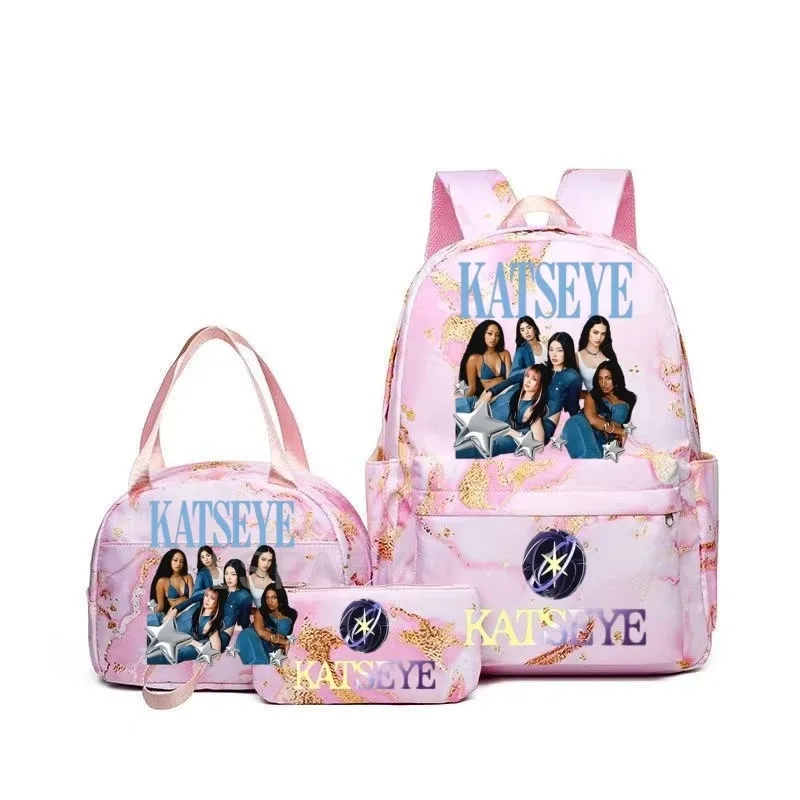 sac à dos grande capacité imprimé katseye amusant, léger, pour l'école, les voyages, décontracté, pour femmes et filles, avec compartiment pour stylos et sac à déjeuner