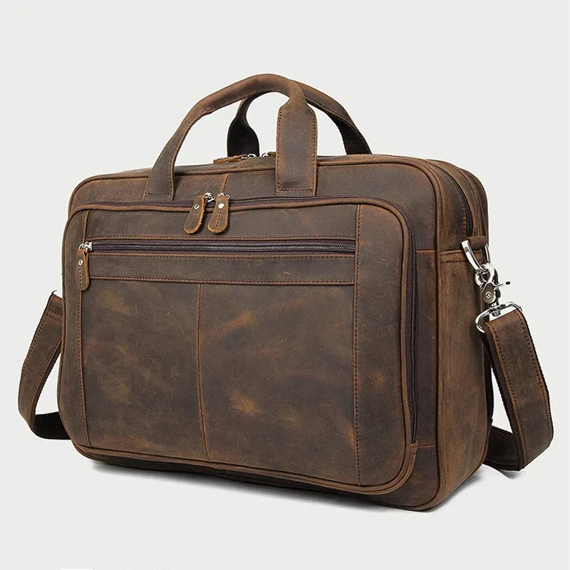 sac d'affaires pour homme en cuir véritable de haute qualité, sac pour ordinateur portable de 17 pouces en cuir crazy horse, porte-documents masculin pour bureau.