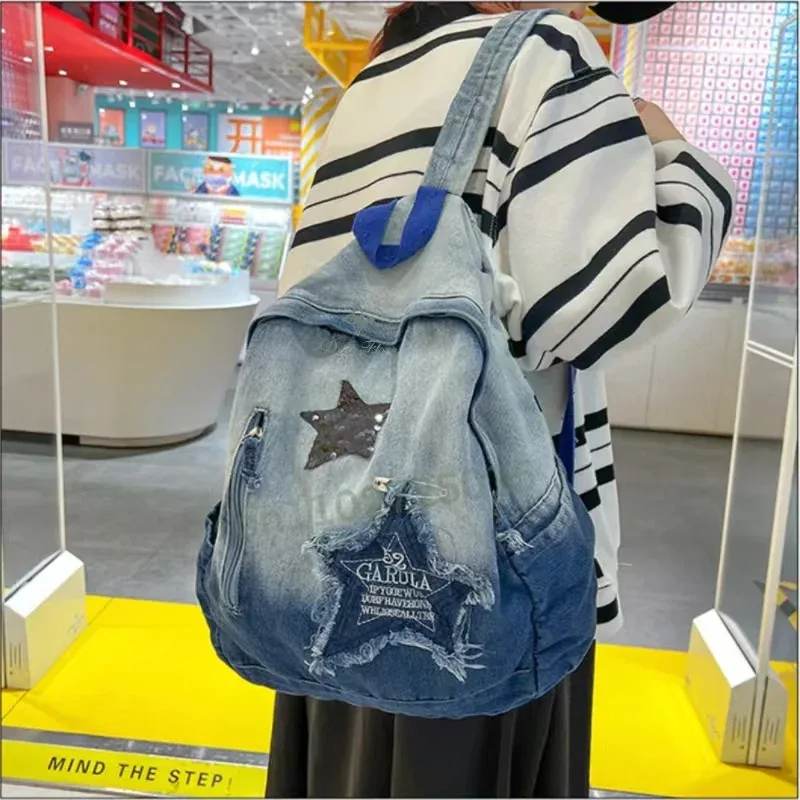 sac à dos en denim décontracté coréen pour adolescents, cartable étudiant, motif étoile, grande capacité, vintage, punk, sac de livre de voyage, mode, y2k