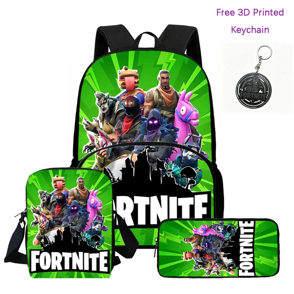 fortnite – sac à dos léger avec poche avant, sac bandoulière et trousse à crayons, pour garçons et filles de 5 à 10 ans, porte-clés imprimé en 3d gratuit, 3 pièces