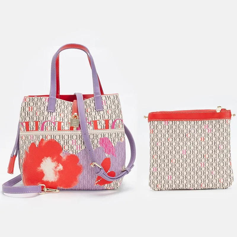 ch sac seau pour femme, ensemble de 2 pièces, sac bandoulière à imprimé floral, sac à main de luxe de créateur avec mini pochette pour usage quotidien