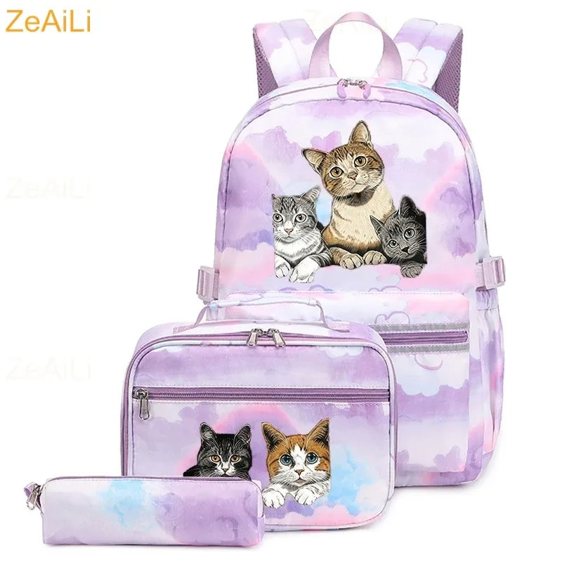 lot de 3 sacs à dos mignons pour étudiants et adolescents, motif patte de chien et chat, couleur violette, avec sac à déjeuner, sac de voyage coloré, sacs d'école pour garçons et filles, ensembles de mochilas