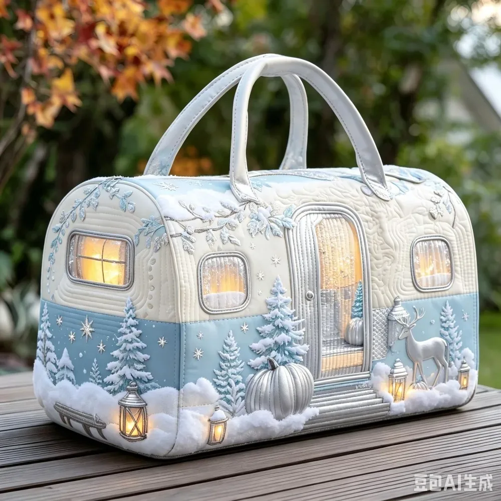 sac à main matelassé vintage de noël pour femme, motif camping-car, broderie 3d neige, citrouille, pin, lanterne, grande capacité, sac de voyage