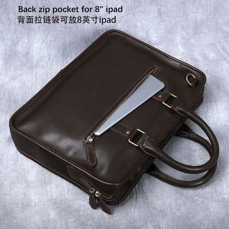 nzpj rétro hommes porte-documents en cuir pochette d'ordinateur couche supérieure en peau de vache sac à main décontracté 14 pouces sac à bandoulière d'affaires sac de messager