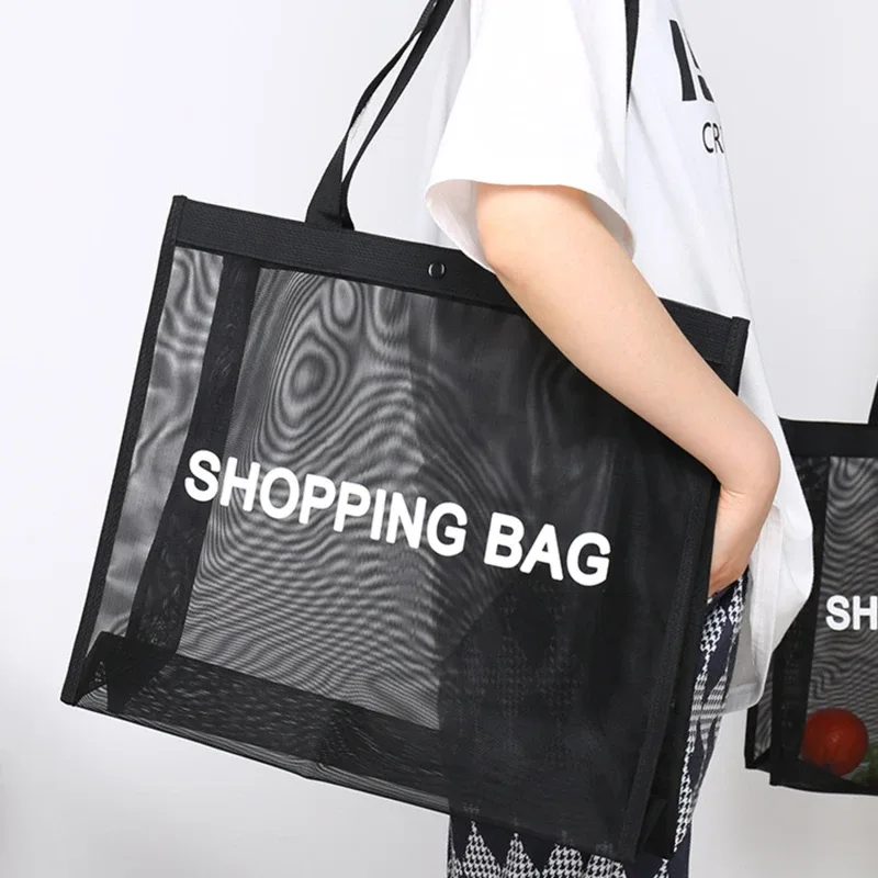 sac fourre-tout en filet noir à lettres simples, multifonctionnel, sac à bandoulière pour la plage, les vacances, le quotidien, le rangement et les accessoires