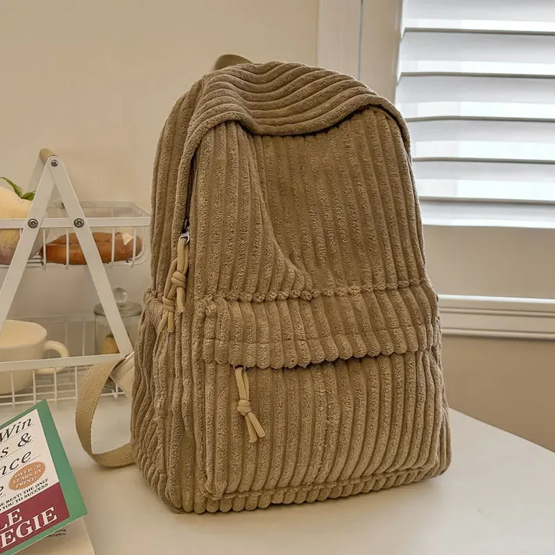 sac à dos rayé en velours côtelé pour femmes, cartable d'étudiant simple, grande capacité, rangement sur ordinateur, sac à dos de voyage pour femmes