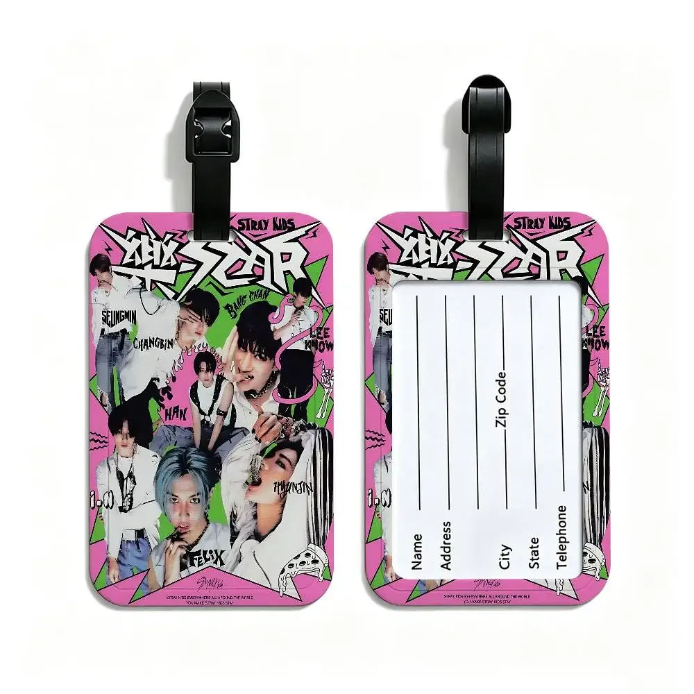 étiquette de bagage en pvc populaire kpop s-stray k-kids avec carte d'information, étiquette anti-perte pour valise, sac à dos, accessoire de voyage