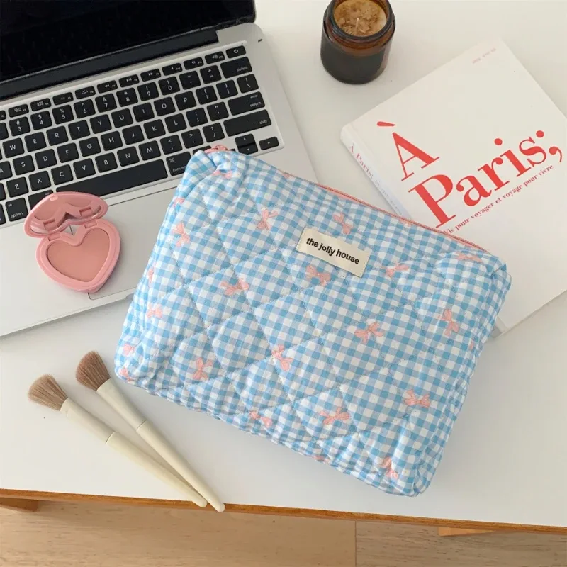 trousse de maquillage en coton avec nœud mignon pour femmes, organisateur de cosmétiques à fermeture éclair, boîte en tissu en forme de trousse de toilette portable pour filles