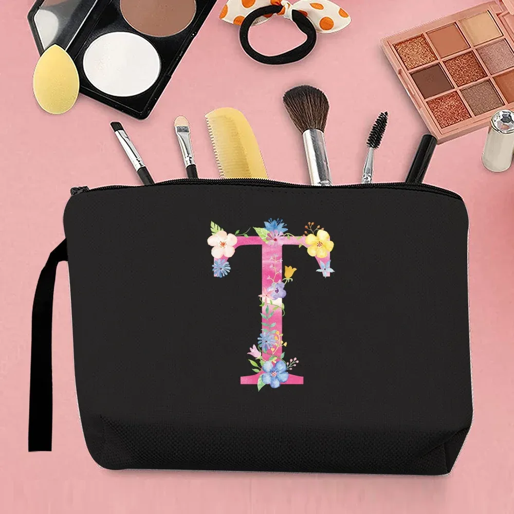 trousse de maquillage pour femmes, trousse de maquillage portable, trousse de maquillage de voyage pratique, sac à main en toile, motif de lettres roses, organisateur de bijoux