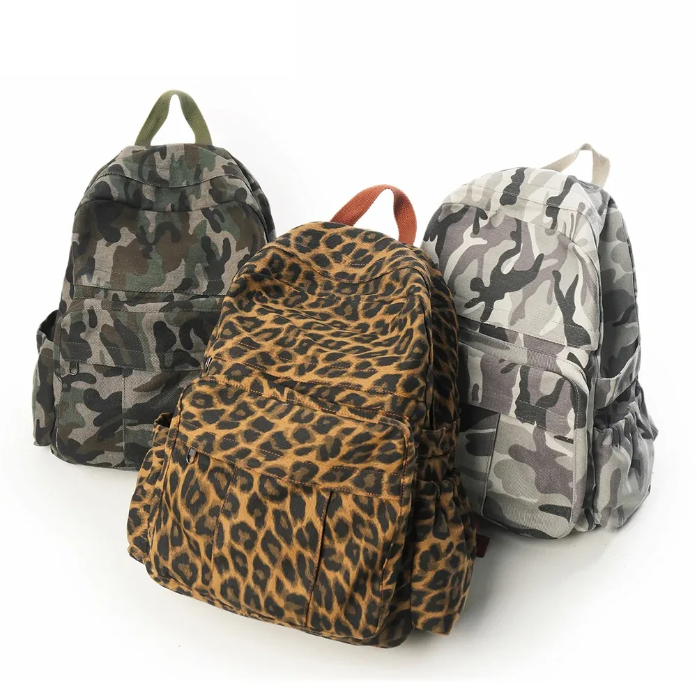 sac à dos en toile pour femmes, hommes et couples, unisexe, décontracté, imprimé léopard et camouflage, sac de voyage, sac à dos d'école, sac à bandoulière rétro