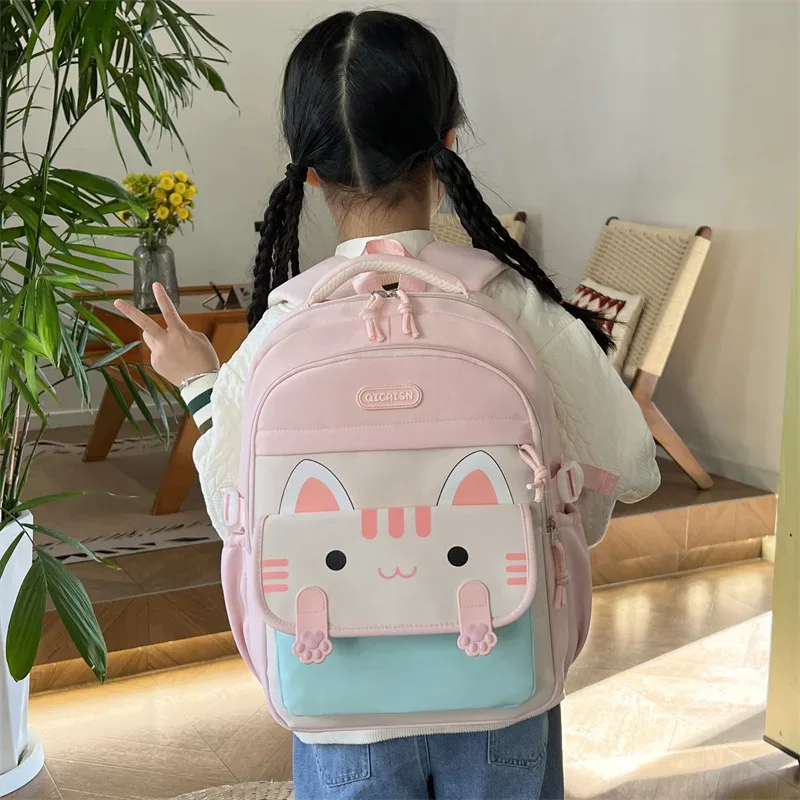 sac d'école à grande capacité avec imprimé chat kawaii, nylon, unisexe, style minimaliste urbain, sac à dos pour étudiants, sac à dos pour ordinateur portable de 14 pouces