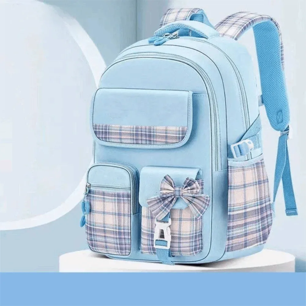sac à dos scolaire mignon de grande capacité, à carreaux, avec nœud, ergonomique pour étudiants
