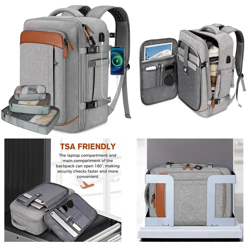 sac à dos de voyage, sac à dos de voyage approuvé par les compagnies aériennes avec 3 cubes de rangement, sac de voyage extensible de grande capacité 40l pour ordinateur portable de 17,3 pouces, anti-vol