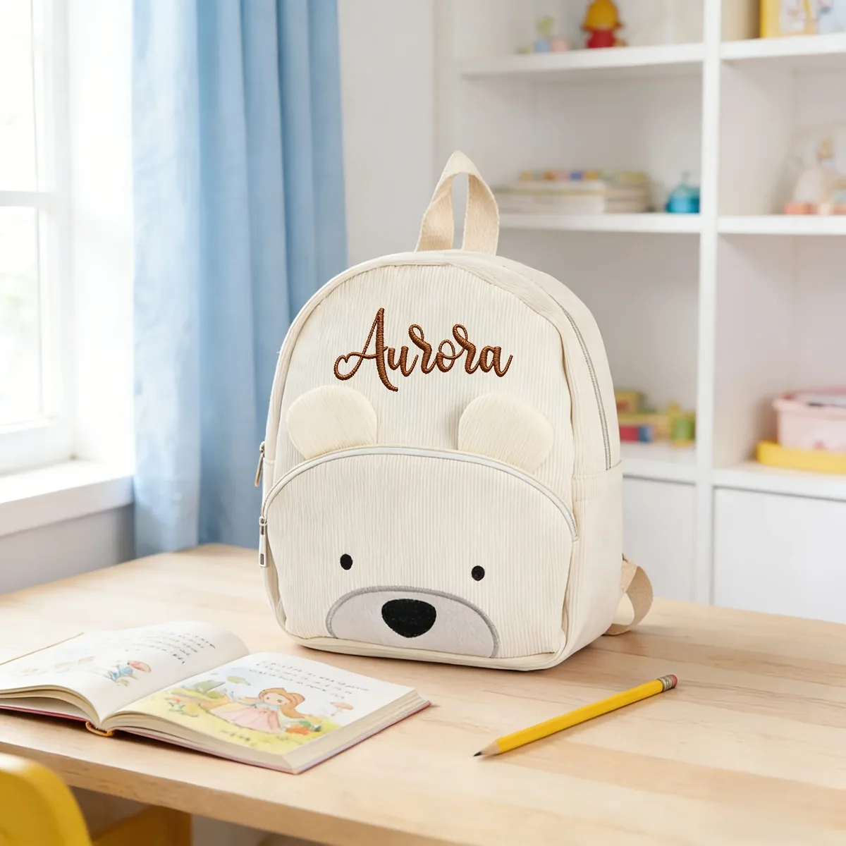 sac à dos personnalisé en velours côtelé avec nom brodé pour enfant, cadeau d'école pour tout-petit, sac d'anniversaire motif ours ou renard