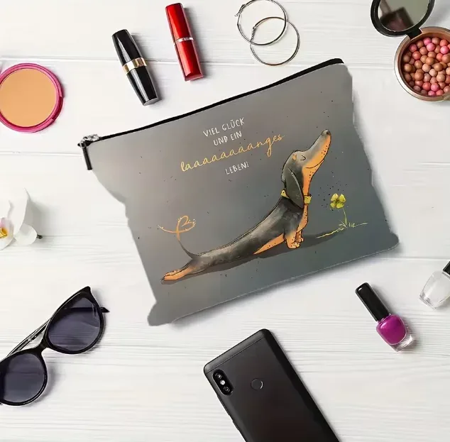 sac à cosmétiques amusant avec motif de chien teckel, pochette de maquillage avec imprimé de dessin animé mignon, organisateur de toilette de voyage