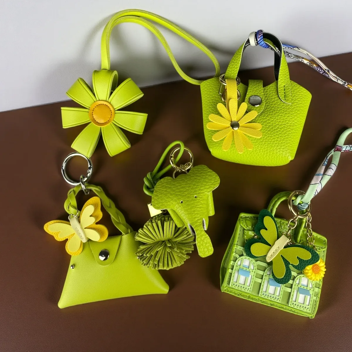 ensemble pochette tournesol et porte-clés en cuir pu vert pomme - porte-monnaie fonctionnel, étui pour écouteurs, organisateur de câbles - accessoire de sac, cadeau