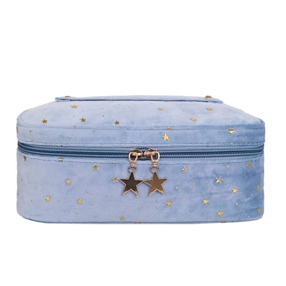 trousse de toilette de voyage grande capacité en velours motif étoiles bronzées, sac de rangement cosmétique en forme de coquille cubique pour femme